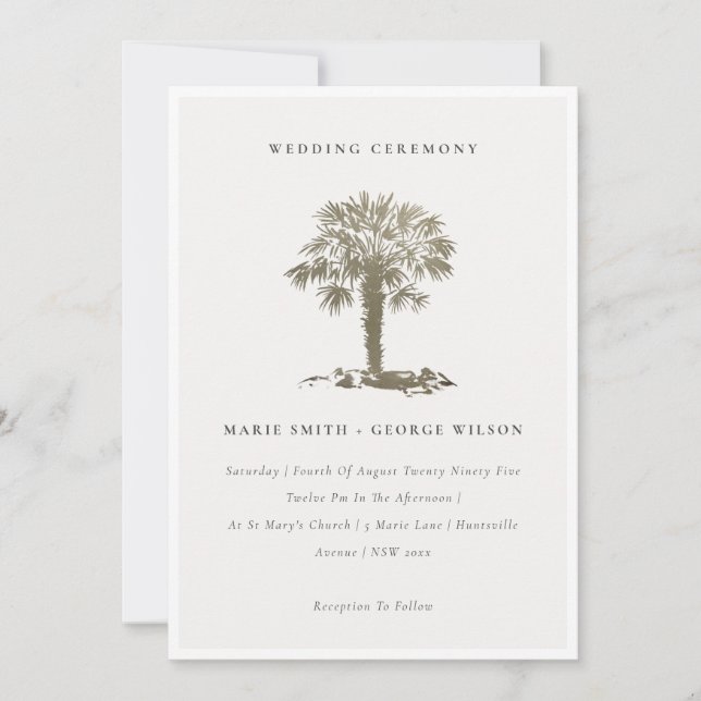 Tropical Beach Palm Tree Dark Gold Wedding Invite (Front)