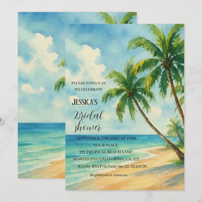 Tropical Beach Palm Tree Destination Bridal Shower Invitation (Front/Back)