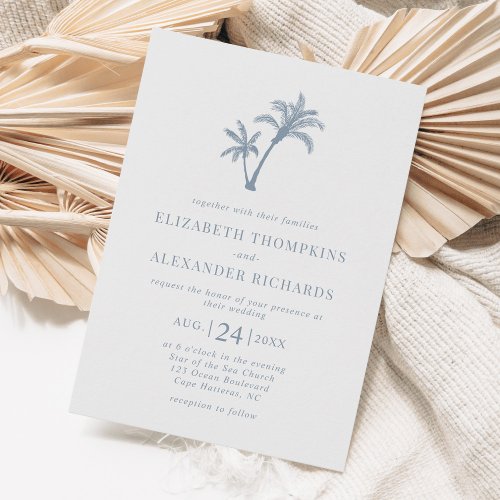 Tropical Beach Palm Tree Dusty Blue Wedding Invitation