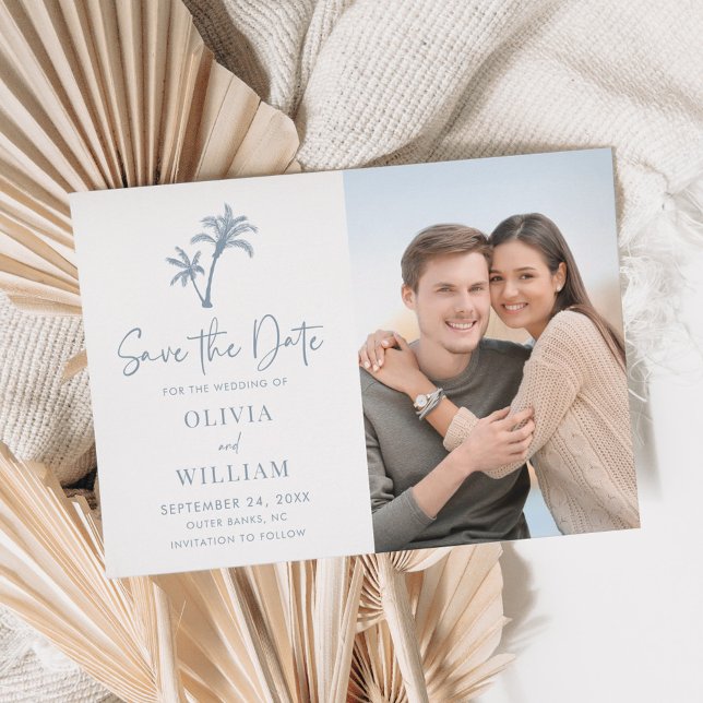 Tropical Beach Palm Tree Dusty Blue Wedding Photo Save The Date (Creator Uploaded)