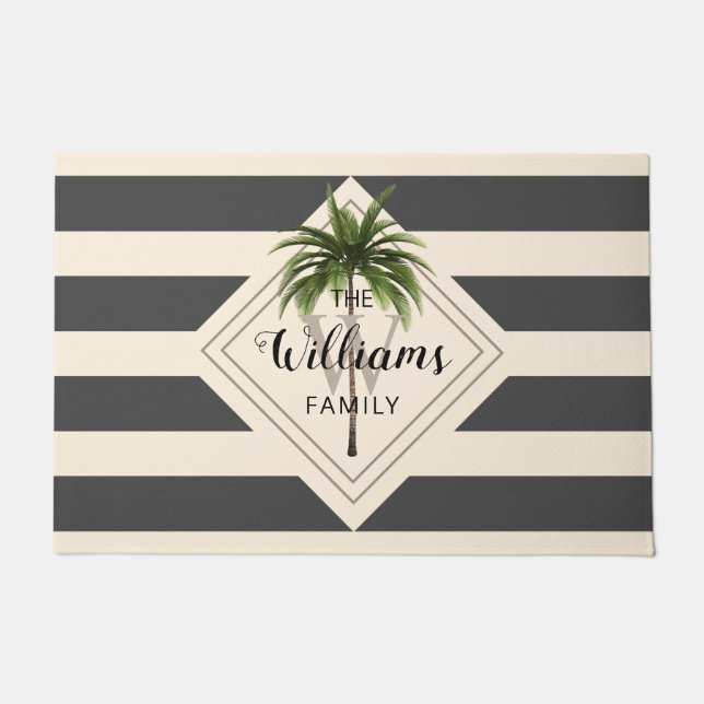Tropical Beach Palm Tree Grey Stripes Monogram Doormat (Front)