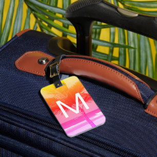 Tropical Beach & Palm Tree Initial Pink/Orange Luggage Tag