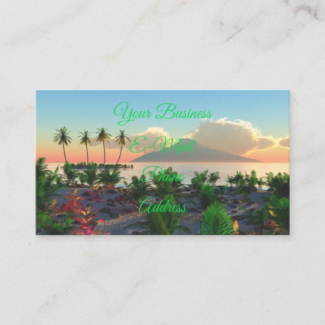 Tropical Beach Palm Tree Island Sunset Paradise Business Card (Front)