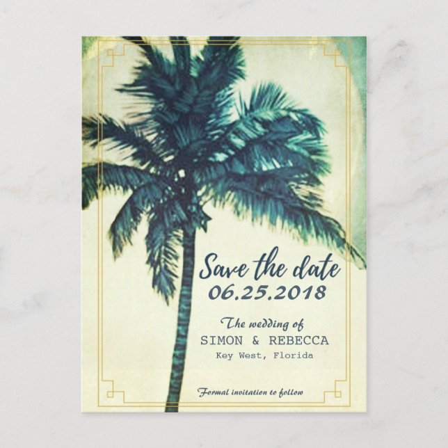 Tropical Beach Palm Tree Key West Save the Date Announcement Postcard (Front)