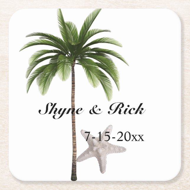 Tropical Beach Palm Tree Modern Wedding Favor Square Paper Coaster (Front)