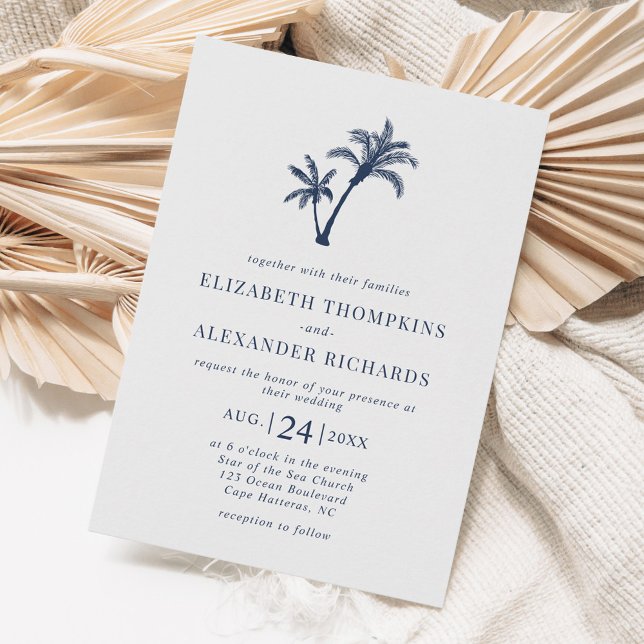 Tropical Beach Palm Tree Nautical Navy Wedding Invitation (Creator Uploaded)