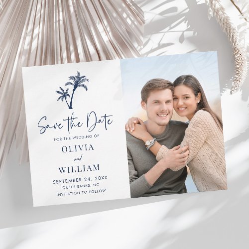 Tropical Beach Palm Tree Navy Blue Wedding Photo Save The Date