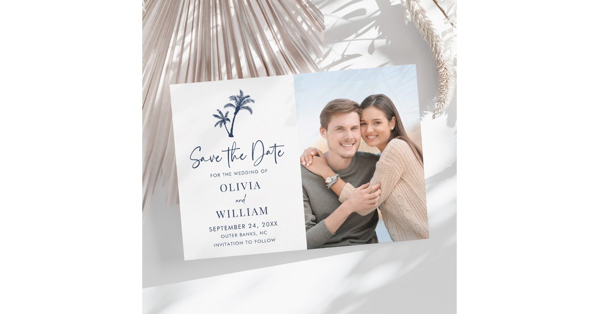 Tropical Beach Palm Tree Navy Blue Wedding Photo Save The Date | Zazzle