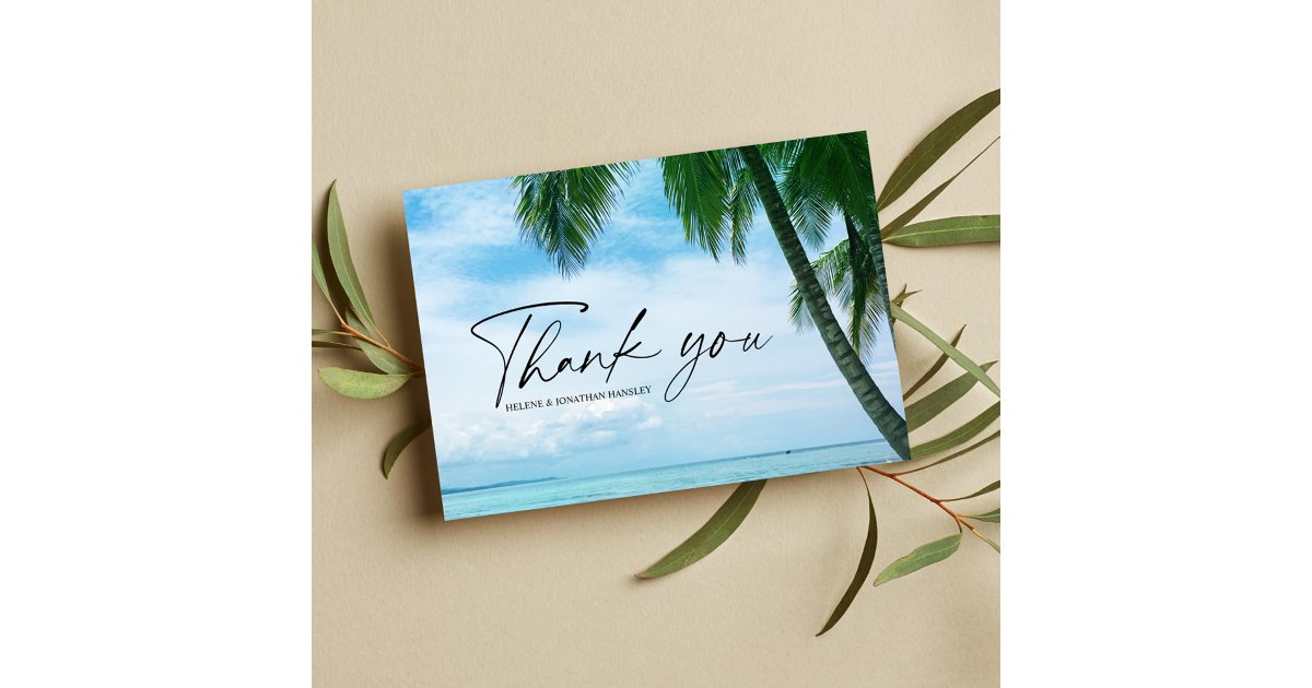 Tropical Beach Palm Tree Ocean Destination Wedding Thank You Card | Zazzle