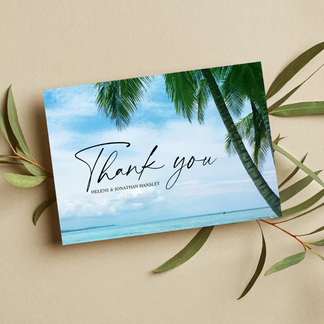Tropical Beach Palm Tree Ocean Destination Wedding Thank You Card | Zazzle