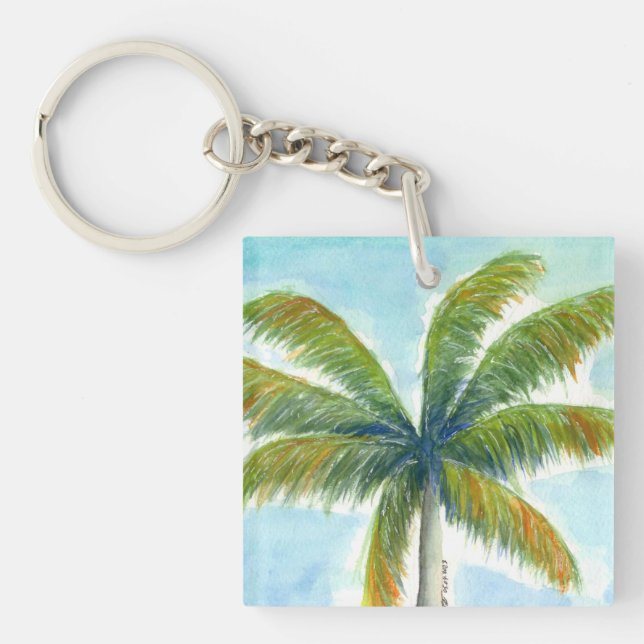 Tropical Beach palm tree on a sunny day Keychain (Front)