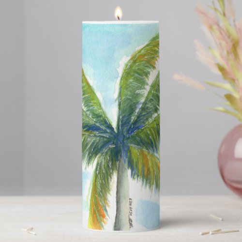 Tropical Beach palm tree on a sunny day Pillar Candle