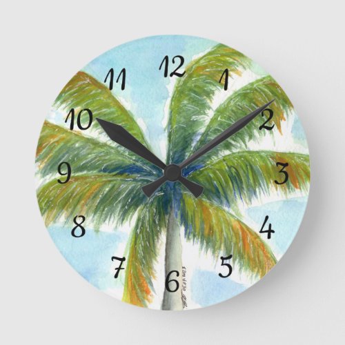 Tropical Beach palm tree on a sunny day Round Clock