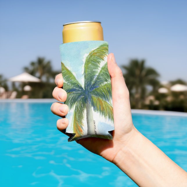 Tropical Beach palm tree on a sunny day Seltzer Can Cooler (In Situ Pool)