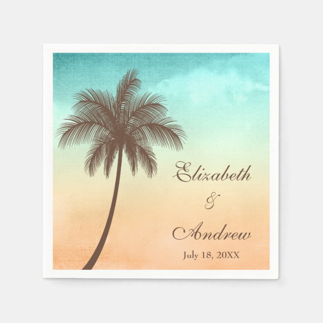 Tropical Beach Palm Tree Personalized Wedding Napkins (Front)