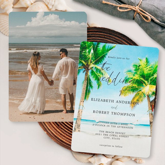 Tropical Beach Palm Tree Photo Wedding Destination Invitation (Creator Uploaded)