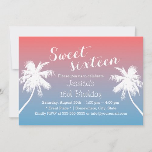 Tropical Beach Palm Tree Pink  Blue Sweet 16 Invitation