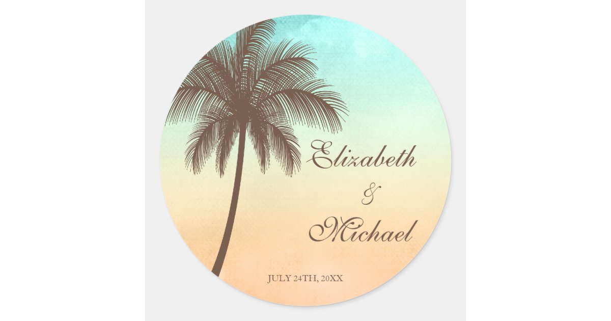 Tropical Beach Palm Tree Round Wedding Favor Label Zazzle Com
