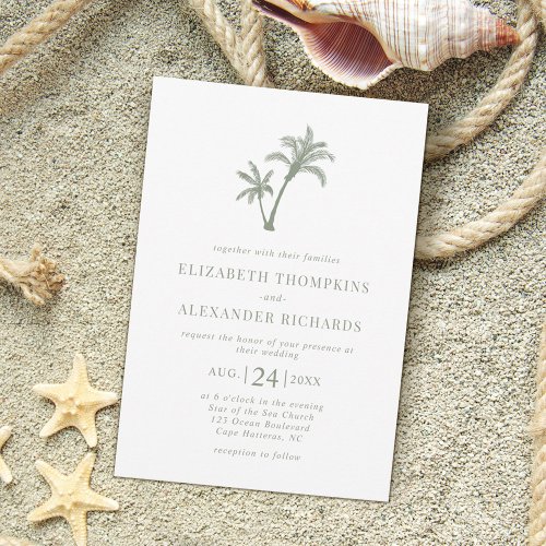 Tropical Beach Palm Tree Sage Green Wedding Invitation