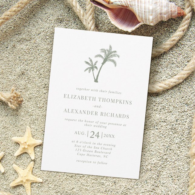 Tropical Beach Palm Tree Sage Green Wedding Invitation (Creator Uploaded)