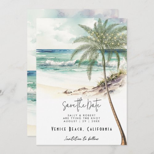 Tropical beach palm tree save the date card