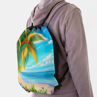 Tropical Beach Palm Tree Scene Drawstring Bag