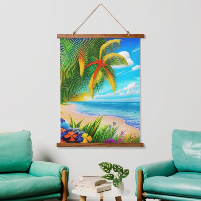Tropical Beach Palm Tree Scene Hanging Tapestry (Living Room)