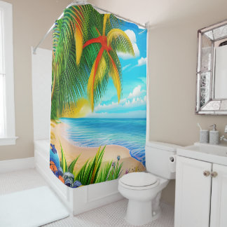 Tropical Beach Palm Tree Scene Shower Curtain