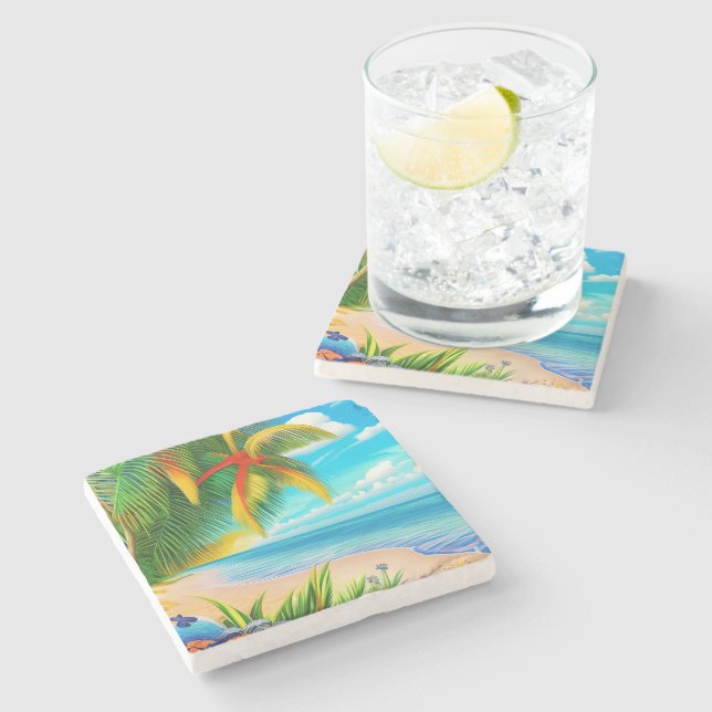 Tropical Beach Palm Tree Scene Stone Coaster (Side)