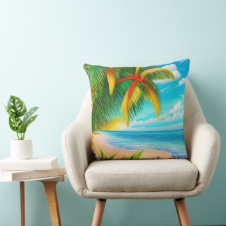 Tropical Beach Palm Tree Scene Throw Pillow