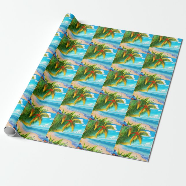 Tropical Beach Palm Tree Scene Wrapping Paper (Unrolled)