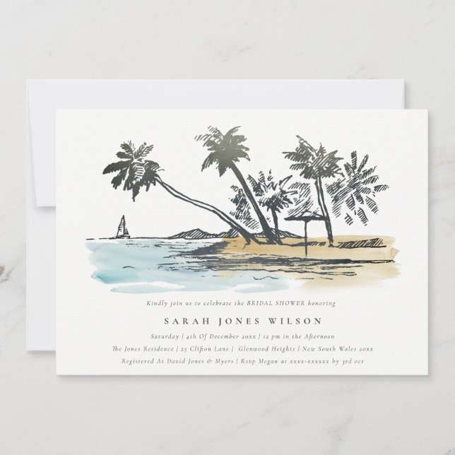 Tropical Beach Palm Tree Sketch Bridal Shower Invitation (Front)