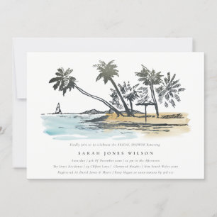 Tropical Beach Palm Tree Sketch Bridal Shower Invitation