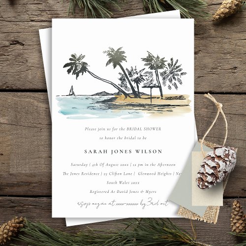 Tropical Beach Palm Tree Sketch Bridal Shower Invitation