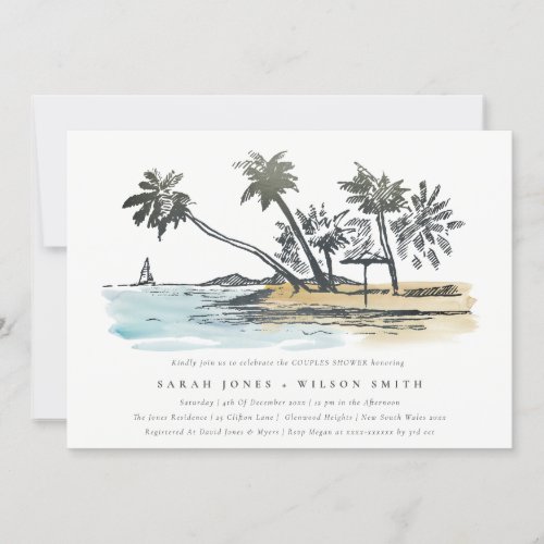 Tropical Beach Palm Tree Sketch Couples Shower Invitation
