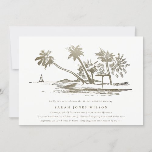 Tropical Beach Palm Tree Sketch Gold Bridal Shower Invitation