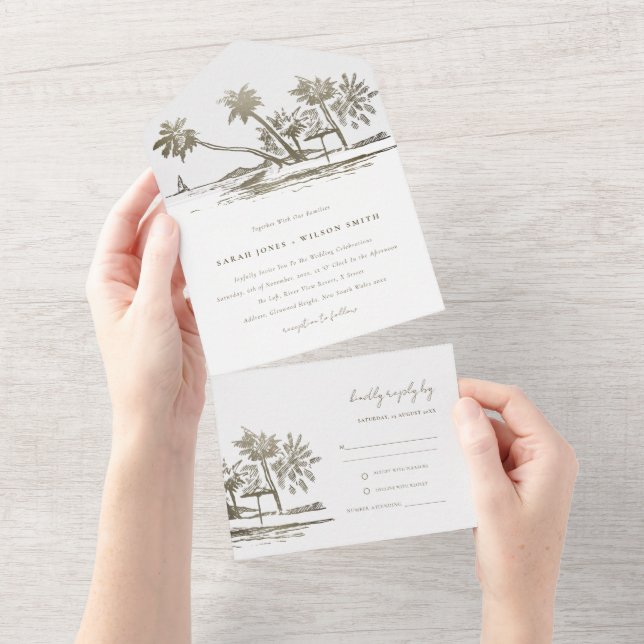 Tropical Beach Palm Tree Sketch Pale Gold Wedding All In One Invitation (Tearaway)
