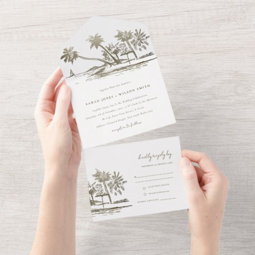 Tropical Beach Palm Tree Sketch Pale Gold Wedding All In One Invitation