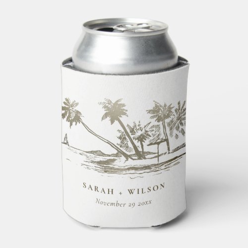 Tropical Beach Palm Tree Sketch Pale Gold Wedding Can Cooler