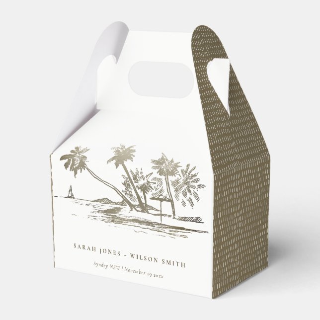 Tropical Beach Palm Tree Sketch Pale Gold Wedding Favor Boxes (Front Side)