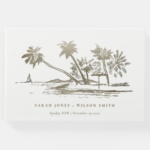 Tropical Beach Palm Tree Sketch Pale Gold Wedding Guest Book