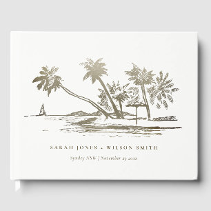 Tropical Beach Palm Tree Sketch Pale Gold Wedding Guest Book