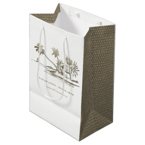 Tropical Beach Palm Tree Sketch Pale Gold Wedding Medium Gift Bag