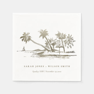 Tropical Beach Palm Tree Sketch Pale Gold Wedding Napkins
