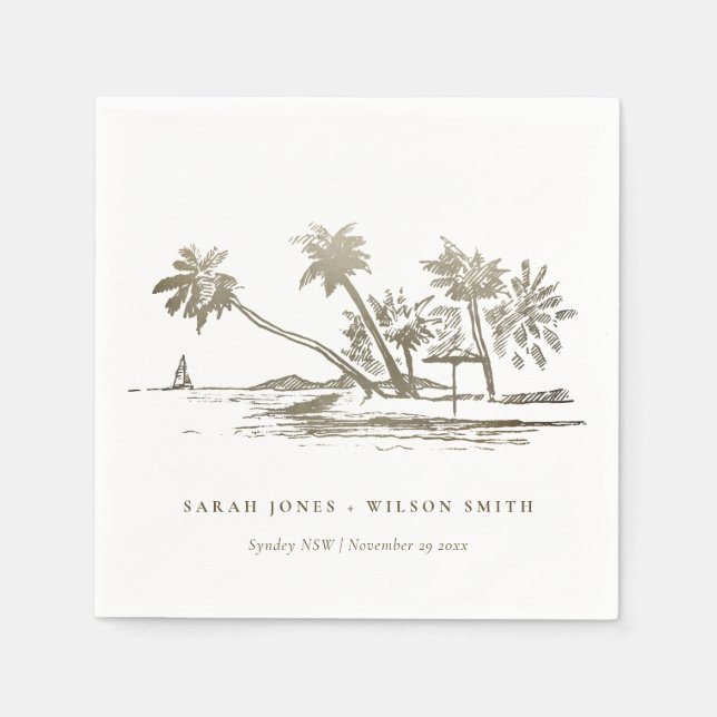 Tropical Beach Palm Tree Sketch Pale Gold Wedding Napkins (Front)