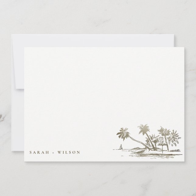 Tropical Beach Palm Tree Sketch Pale Gold Wedding Note Card (Front)