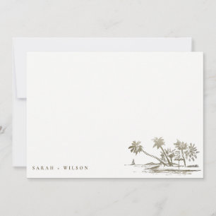 Tropical Beach Palm Tree Sketch Pale Gold Wedding Note Card