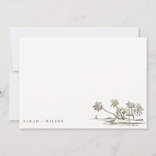 Tropical Beach Palm Tree Sketch Pale Gold Wedding Note Card