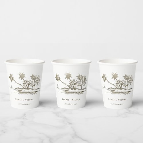 Tropical Beach Palm Tree Sketch Pale Gold Wedding Paper Cups