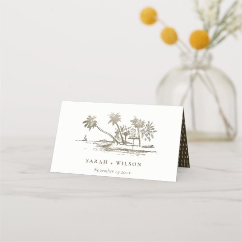Tropical Beach Palm Tree Sketch Pale Gold Wedding Place Card
